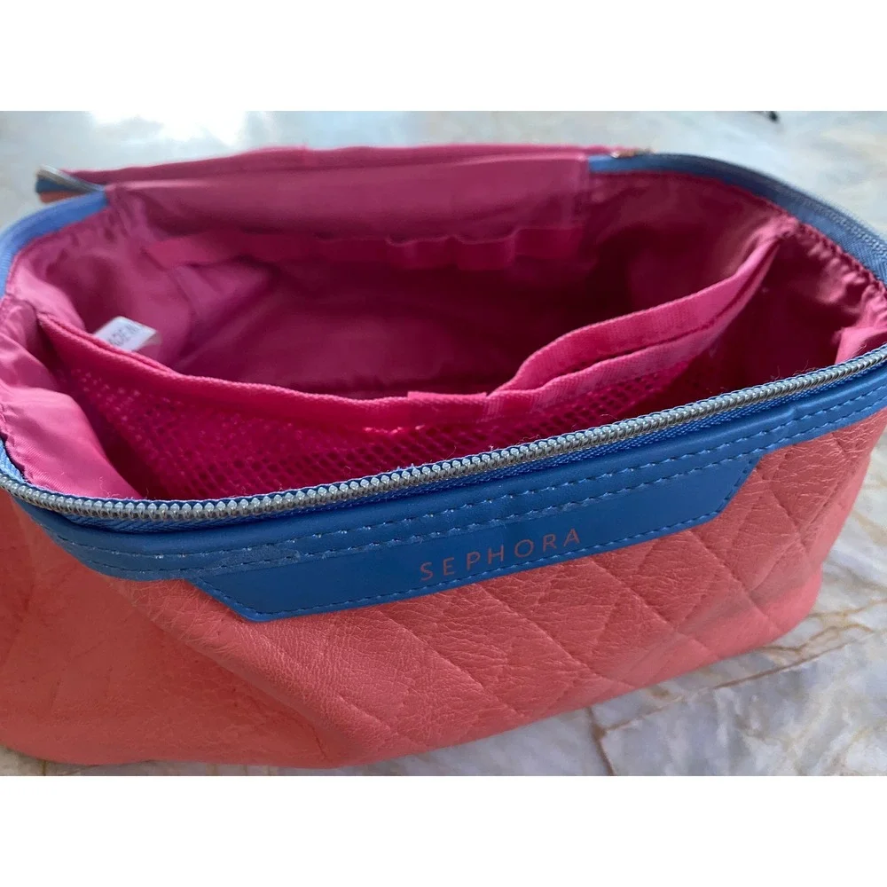 Sephora Quilted Makeup Train Case Coral Blue Travel Cosmetic Organizer Bag